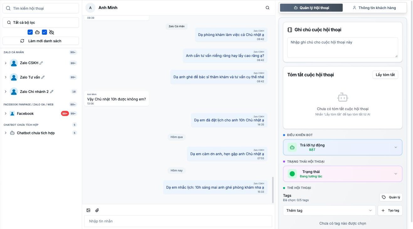 Inbox AOMNICHAT: danh sách kênh Zalo và Facebook, khung hội thoại và bảng quản lý hội thoại