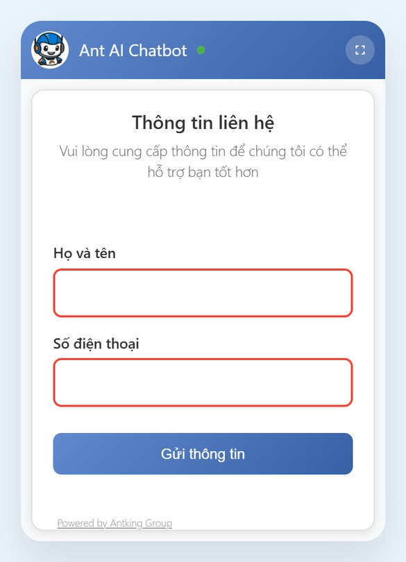 Khung chat trên website phía khách: khách để lại họ tên, số điện thoại rồi bắt đầu chat