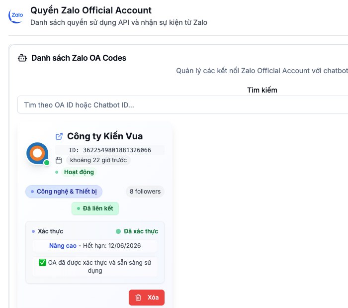 Kết nối Zalo Official Account trên AOMNICHAT: OA đã liên kết, đã xác thực và sẵn sàng sử dụng